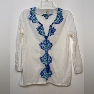 Lilly Pulitzer Amelia Island Tunic Blue White Embroidered Tassel Tie Top Light